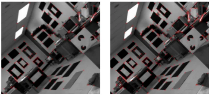 Fig. 3. Detected interest points in red superimposed to the original image when α m = 0.2, left and α m = 1.3, right.