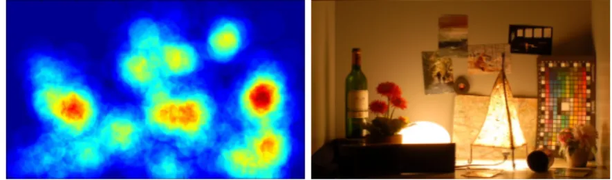Fig. 7. Left: Fixation map (RoI) recorded over the individual fixations of 17 observers, in false colours
