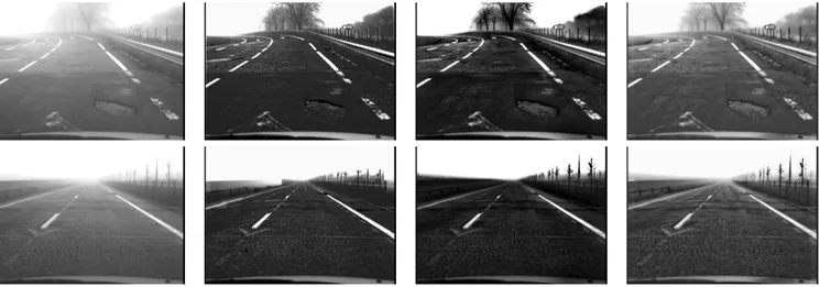 Fig. 1. From left to right, the original image with fog, the results obtain with visibility enhancement using [5], [6] and [1] algorithms
