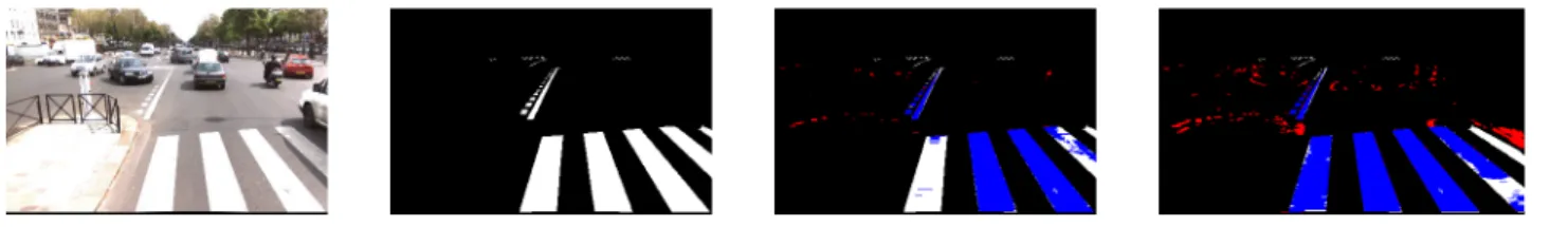 Fig. 3. (From left to right) original image, ground truth image (white : marking elements, black : non-marking pixels), extraction results of the MLT algorithm (50 th percentile), extraction results of the MLT algorithm (43 rd percentile)