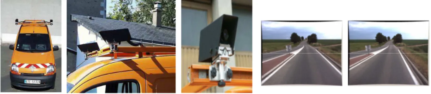 Figure  1:  Experimental  inspection  vehicle  with  two  digital  cameras  for  stereovision  (left  3  images,  by  courtesy  of  CECP)