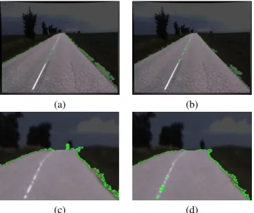 Fig. 4. Road segmentation results without (a) and with (b) smoothing. (c) and (d) are zooms at long distances of (a) and (b)