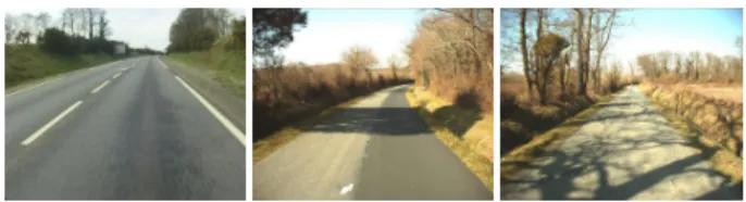 Fig. 1. Examples of road scenes to segment, with shadows and changes in pavement material.