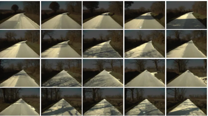 Fig. 4. 20 of the detected road connected-components in a image sequence. This par- par-ticular sequence is difficult due to shadows and pavement material changes.