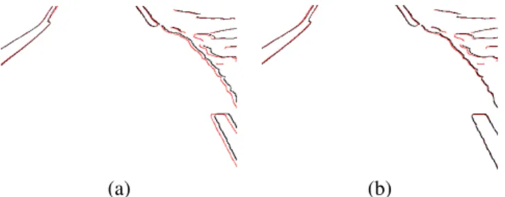 Fig. 2. Alignment without (a) and with (b) roll angle estima- estima-tion. Left edges are in red and the aligned right edges in black on this image crop.