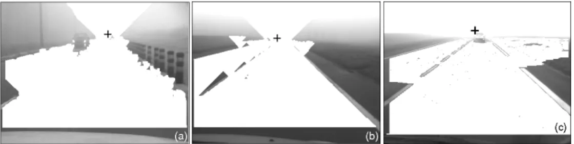 Figure 2. Results of the region growing on the test images: the road and the sky are partially segmented and are painted white