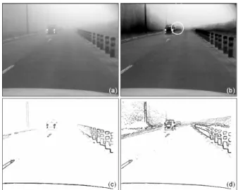 Figure 5. Example of contrast restoration of a road surface. (a) Original image. (b) Image with restored contrast