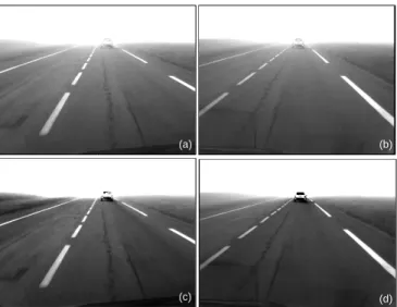 Fig. 4. Illustration of the contrast enhancement process. (a)(b) Original stereo pair