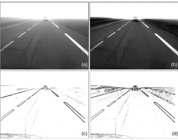 Fig. 6. (a) Original right image of the test stereo pair ; (b) image with restored contrast ; (c) local contrasts above 5% computed on the original image ; (d) local contrasts above 5% on the image with restored contrast.