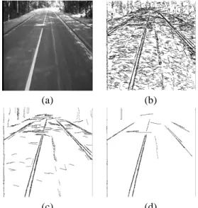 Figure 2. (a) the original image and the result of the line segment detector for different values of the minimal length (b) 8 pixels, (c) 16 pixels and (d) 32 pixels.