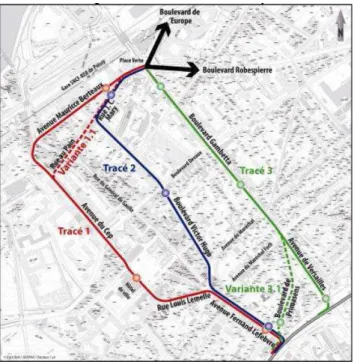 Figure 23 : Tracés urbains entre Poissy GC et Poissy RER (Source : STIF et Egis Rail, 2010) 