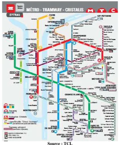 Figure 2: Plan du réseau de lignes fortes (métro, Tram, BHNS) du réseau TCL 
