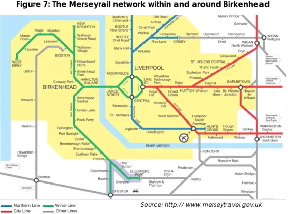 Figure 7: The Merseyrail network within and around Birkenhead 