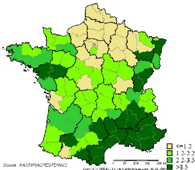Figure 2. Share of agricultural areas used for organic farming in 2009  (source: Agence Bio, Agreste) 