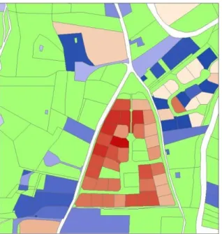 Figure  1  :  Année de  construction du  local  sur  la  parcelle. En  vert figure les parcelles sans  local  ;  en  bleu  celles avec un local  datant d’avant 2003 (bleu clair : 1850, bleu foncé : 2002) ; en rouge celles avec un local datant d’après 2003 