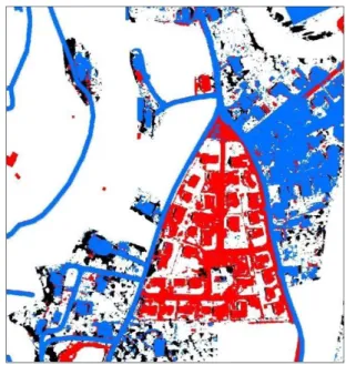 Figure 4 : Zones perturbées par l’artificialisation calculées par télédétection sur la  BD Ortho (et ajout de la BD Topo) pour  les  années 2003 (en bleu) et apparues en 2011 (en rouge)