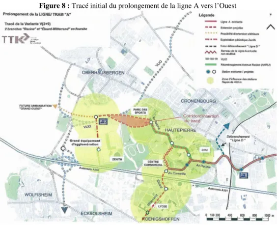 Figure 8 : Tracé initial du prolongement de la ligne A vers l’Ouest 