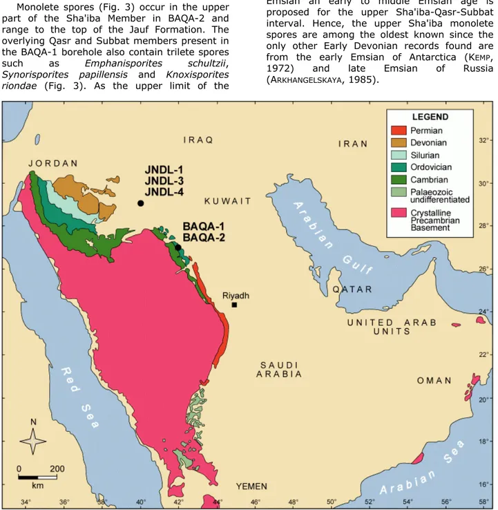 Figure 1: Map showing Palaeozoic outcrops in northern parts of the Arabian Peninsula and the location of studied  boreholes
