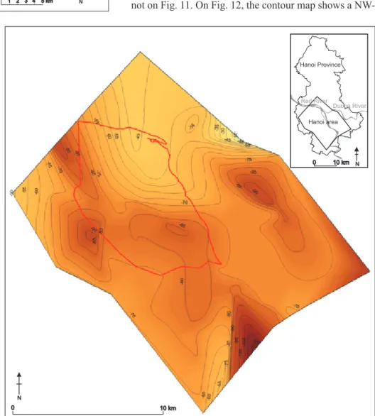 Figure  10: Morphology of the  Neogene basement in the Hanoi  area. The thick line defines the  border of the modelled area.