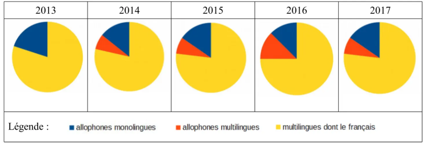 Tableau   3     :   diagrammes   circulaires   représentant   la   répartition   des   élèves   allophones   et/ou multilingues dans la classe entre 2013 et 2017