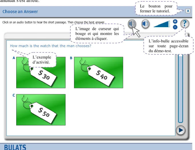 Figure  4.  Une  page-écran  du  tutoriel  d’entraînement  à  l’épreuve  de  Compréhension  écrite  et  orale  de  BULATS  anglais  (partie  de  Compréhension  orale)