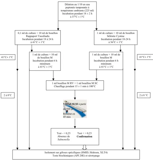 Figure 6 : Protocole de détection de Salmonella par VIDAS SLM pour les  échantillons de matières premières, d’aliments finis, de viande et les  écouvillons de carcasses (Biomérieux, Marcy l’étoile, France)