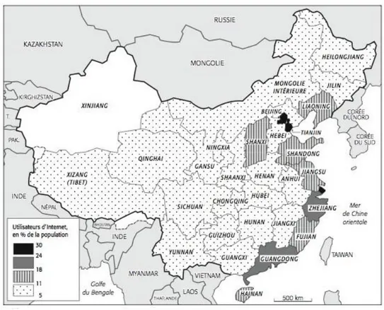 Figure 3.1.1 Internet en Chine : répartition des utilisateurs par provinces (source : Stalistical  survey Report on the Internet Development in China, CNNIC, janvier 2007