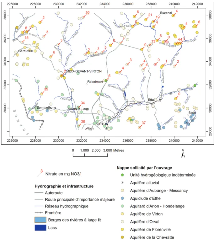 Figure V.2 : Teneurs en nitrates des eaux souterraines sur la planche de Meix-devant-Virton –  Virton 