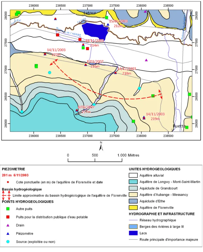 Figure IV-1. Limite approximative de la ligne de partage des eaux de l'aquifère de Florenville  localement sur la carte de Lamorteau - Ruette