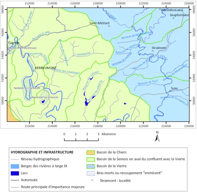Figure II-1 : Bassins et réseau hydrographique sur la carte d’Herbeumont – Suxy 67/3-4 