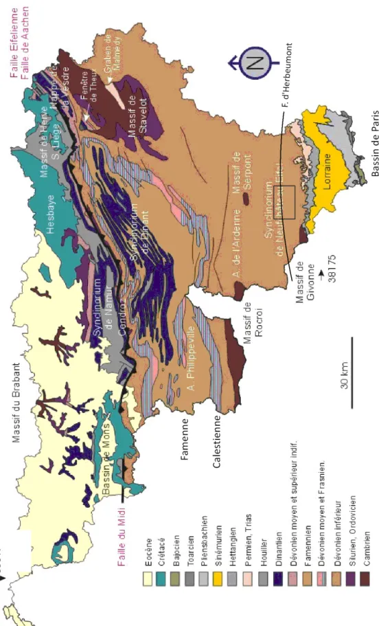 Figure III-1. Le cadre géologique et structural de la Wallonie avec la localisation de la carte de  Herbeumont – Suxy encadrée (67/3-4), (Boulvain et Pingot, 2004 adaptée) 