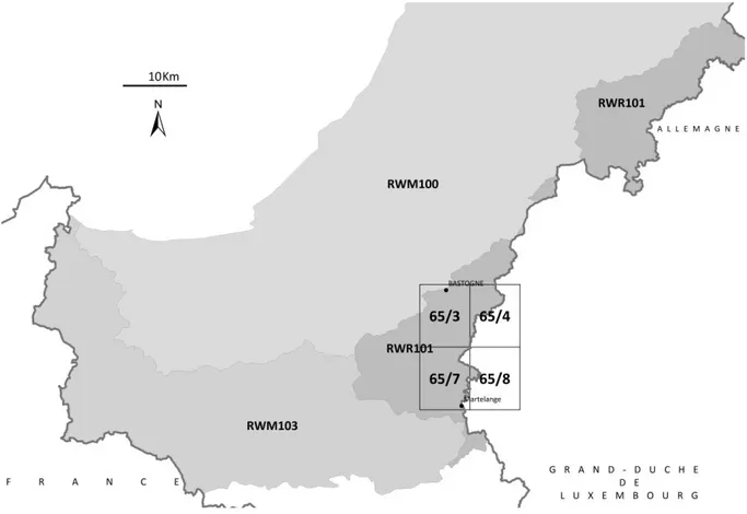 Figure IV-1. Masses d'eau souterraine en Wallonie. Localisation de la carte Bastogne – Wardin 