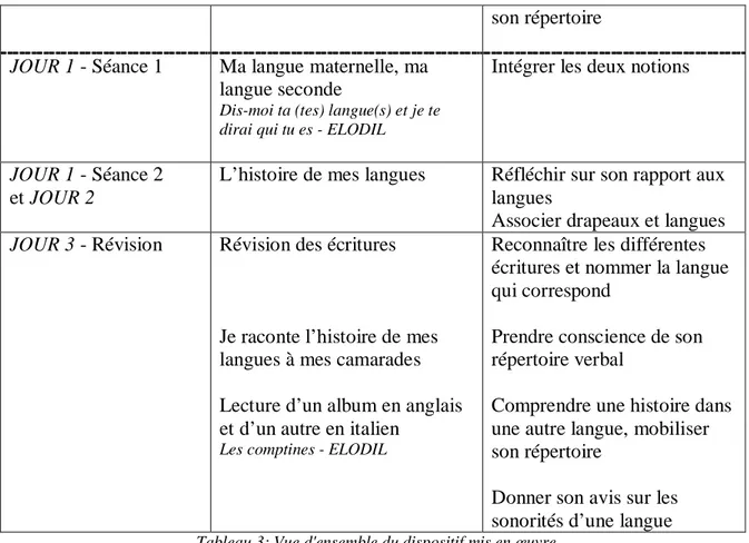 Tableau 3: Vue d'ensemble du dispositif mis en œuvre 