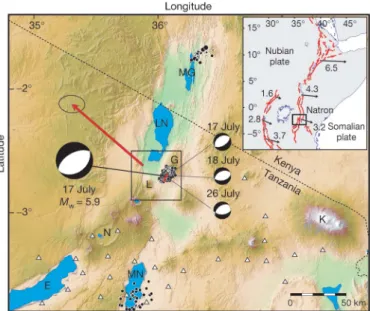 Figure 1 | Regional setting. Black circles show epicentres of earthquakes with body-wave magnitudes M b 