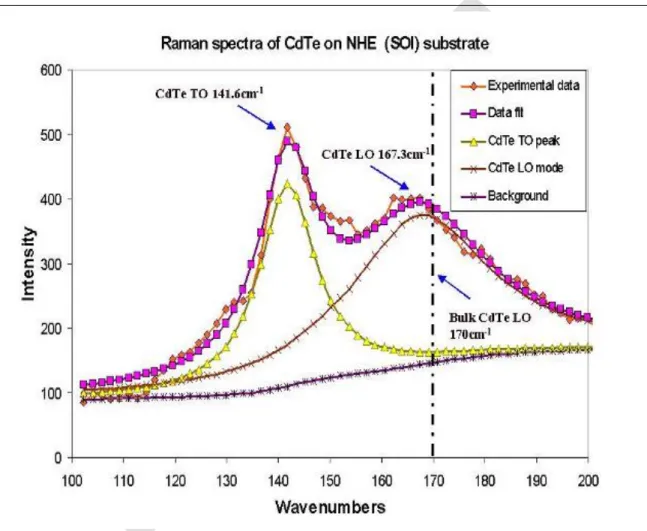 Figure 7: Raman spectra of selective CdTe grown on nanopatterned SOI substrate 