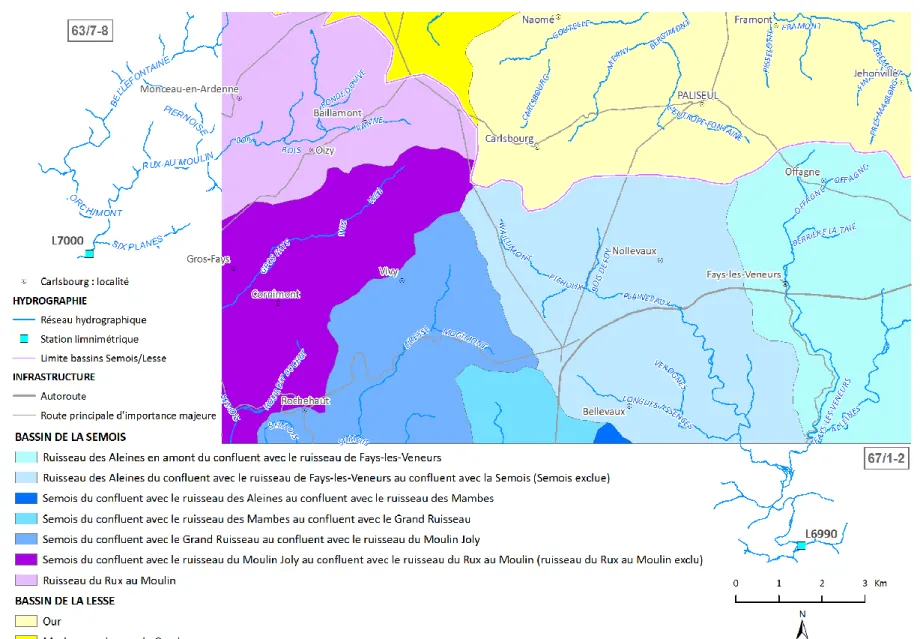 Figure II-1. Réseau et bassins hydrographiques sur la carte Vivy - Paliseul