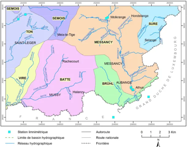 Figure  2.2  :  Réseau  et  principaux  bassins  hydrographiques  sur  la  carte  Saint-Léger- Saint-Léger-Messancy, Musson-Le Fays et Houwald 