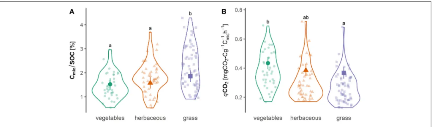 FIGURE 4 | Violin plots showing probability density of the raw data of (A) Microbial quotient C mic /SOC and (B) the metabolic quotient qCO 2 