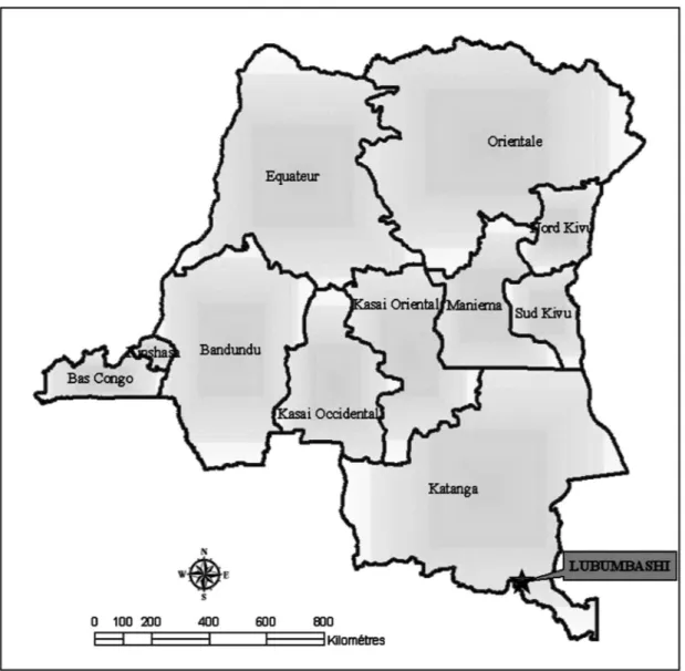Figure 1. Carte de la République Démocratique du Congo situant la ville de Lubumbashi dans la province du Katanga