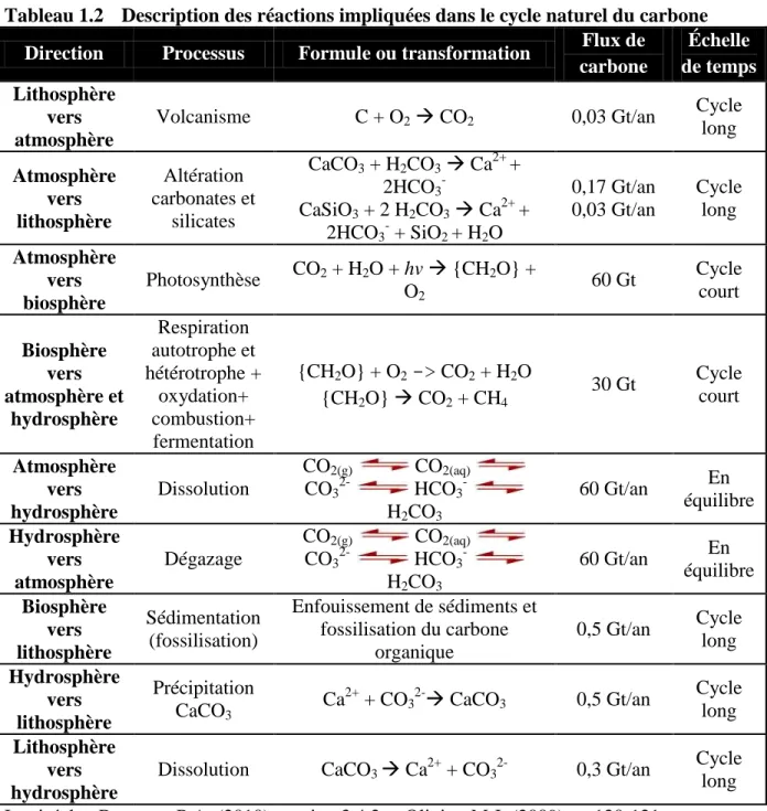Tableau 1.2  Description des réactions impliquées dans le cycle naturel du carbone  Direction  Processus  Formule ou transformation  Flux de 