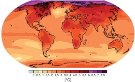 Figure 1.5  Évolution projetée de la température en surface pour la fin du XXI e  siècle  (2090-2099) par rapport à la période 1980-1999 