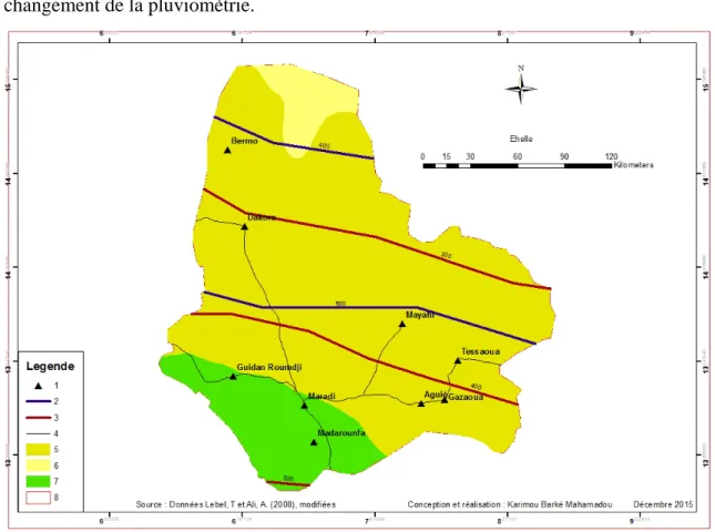 Figure 2 : Carte des zones climatiques de la région de Maradi. 1 : Chef-lieu de Département, 2 :  Isohyète de la période 1950-1968, 3 : Isohyète de la période 1990-2007, 4 : Voies de communications,  5 : Zone sahélienne, 6 : Zone sahélo-saharienne, 7 : Zon