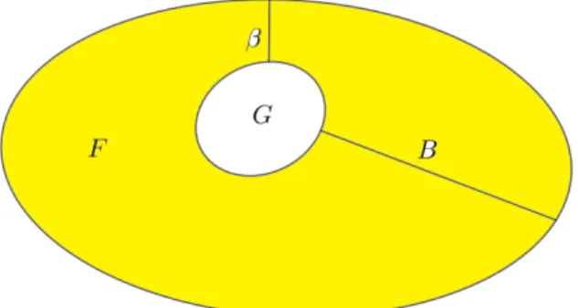 Figure 1: The minimal width β and the maximal width B of an annulus Ω = F \ G ¯