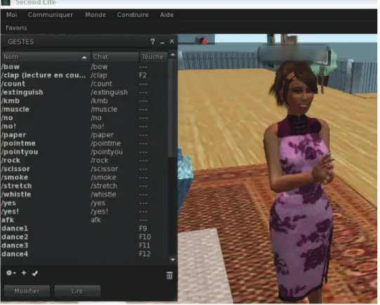 Figure 5. Les différentes possibilités de gestes, ici mon avatar applaudit