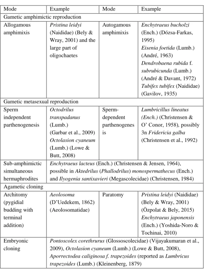 Table 1. Reproductive modes in Oligochaeta (abbreviations:  