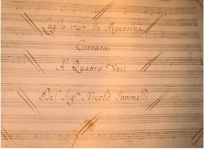 Fig. 1: prima pagina della partitura della Cantata di Niccolò Jommelli scritta in occasione delle Nozze del Delﬁno di Francia nel 1747.