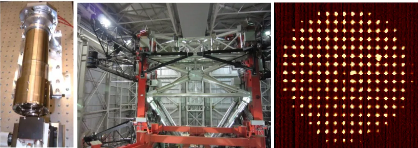 Figure 13:left:the barrel containing the calibration optics. Middle: the long swing arms are made from carbon fibre and can move the  optics to the prime focus of the telescope