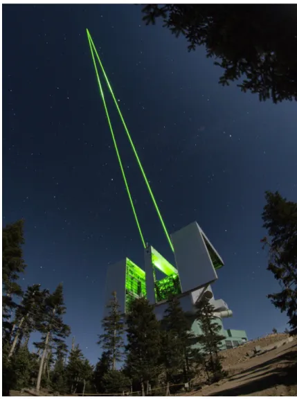 Figure 1: the large binocular telescope with the ARGOS system propagating a bundle of laser beams on each side of the telescope to  sky
