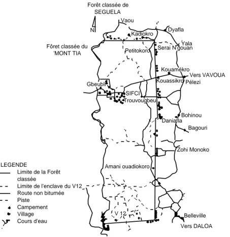 Figure 2. Situation des principaux villages et campements autour et à l’intérieur de la Forêt classée du Haut-Sassandra (échelle : 1 / 800 000 ème ).