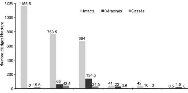 Figure 4. Estimation (en nombre de pieds à l’hectare) des dégâts causés par les éléphants dans les plantations riveraines de la Forêt classée du Haut-Sassandra en mars 1995.